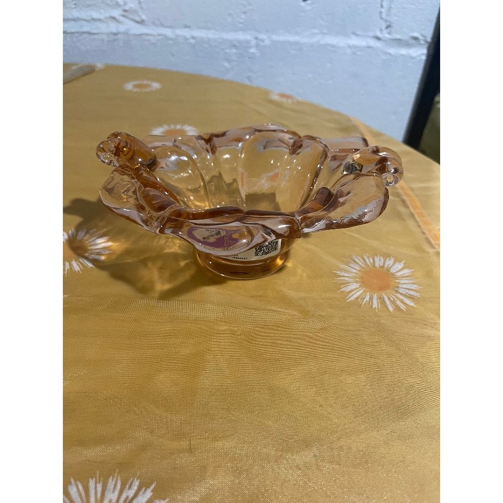 Vintage PINK Rose Peach Flower Glass Candy Trinket Dish From Italy Ruffled Edge